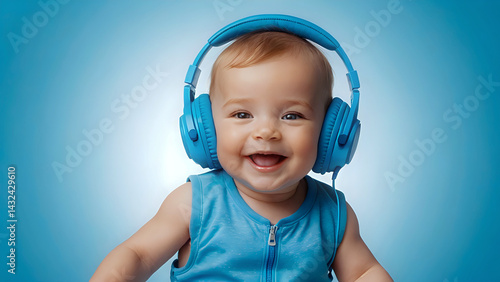A little baby enjoying the music with headphones. Abstract blue gradient background.