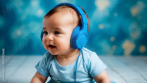 A little baby wearing headphones enjoying listening to music in an abstract blue room
