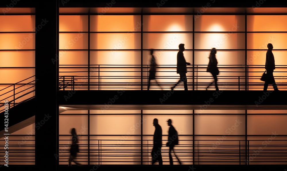 People walking on a modern building at night People walking on a modern building at night