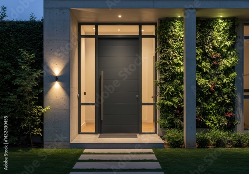 Modern House Exterior at Night: Dark Gray Front Door, Green Wall, and Outdoor Lighting