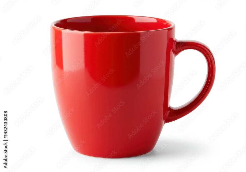 A single red ceramic mug with a handle sitting on a white surface in a studio setting image view A single red ceramic mug with a handle sitting on a white surface in a studio setting image view