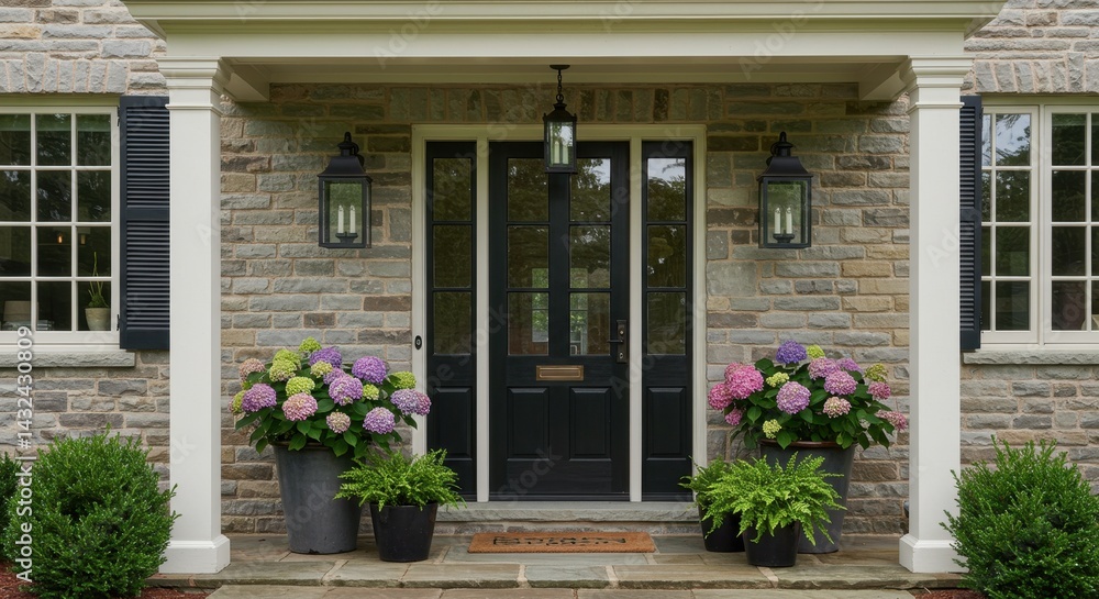 Elegant Home Entrance with Hydrangea Planters and Stone Facade; Summer House Exterior with Black Door and Lush Greenery Elegant Home Entrance with Hydrangea Planters and Stone Facade; Summer House Exterior with Black Door and Lush Greenery