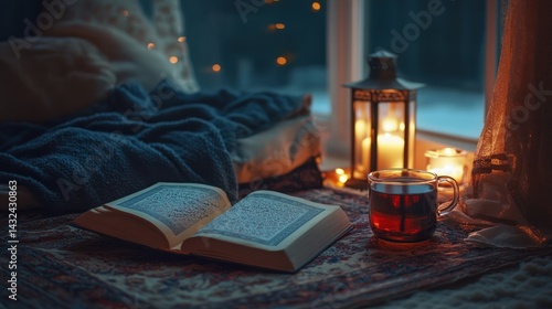Open Book with Tea and Lantern Near Window