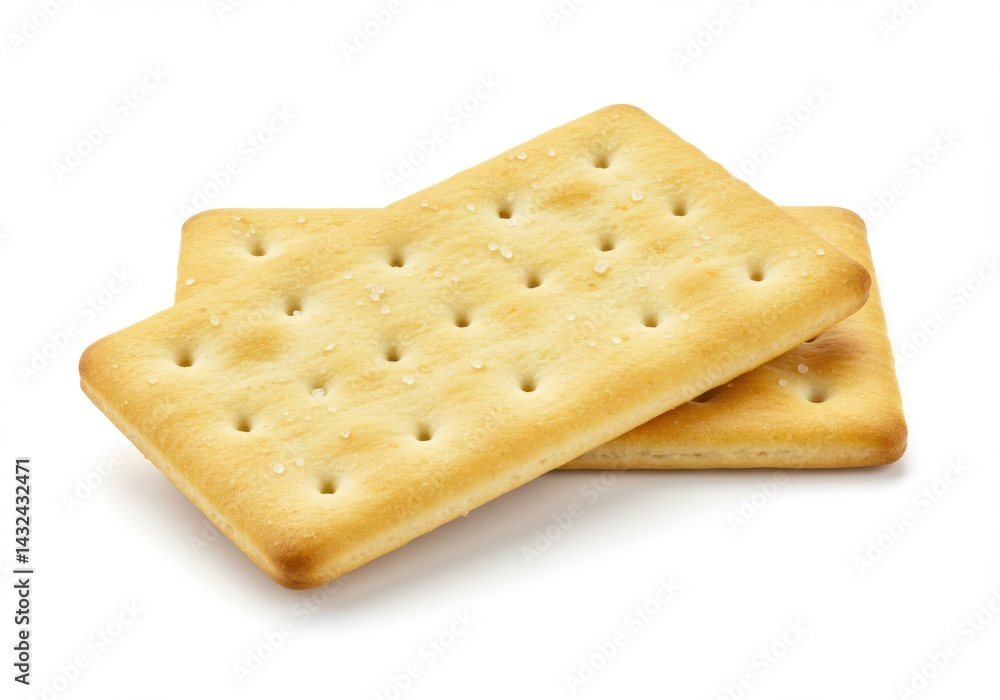 Two rectangular crackers stacked on top of each other on a plain white surface in a close up shot Two rectangular crackers stacked on top of each other on a plain white surface in a close up shot