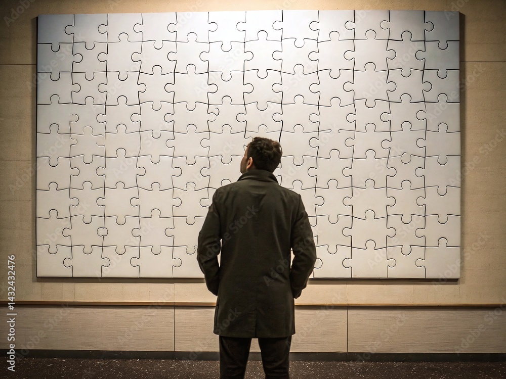 Man Contemplating a Large Jigsaw Puzzle Art Installation Man Contemplating a Large Jigsaw Puzzle Art Installation