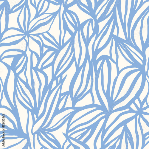 Surface pattern design with hand drawn simple leaves and foliage. Artistic botanical background. Linear vector seamless pattern. Nostalgic vintage allover print.