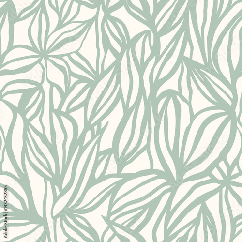 Surface pattern design with hand drawn simple leaves and foliage. Artistic botanical background. Linear vector seamless pattern. Nostalgic vintage allover print.
