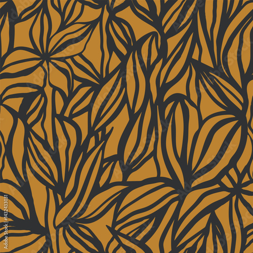 Surface pattern design with hand drawn simple leaves and foliage. Artistic botanical background. Linear vector seamless pattern. Nostalgic vintage allover print.