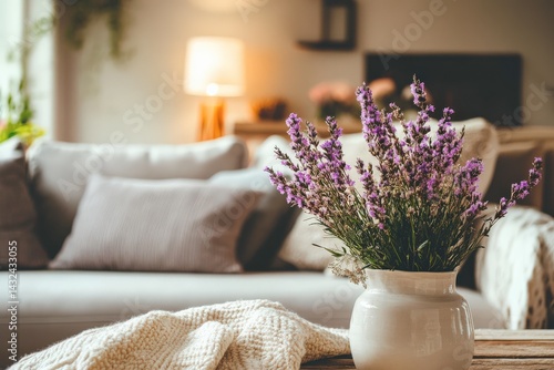 A white vase with purple flowers sits on a table in a living room. The flowers are in a tall, slender vase and are arranged in a way that makes them stand out. The room is well-lit and has a cozy
