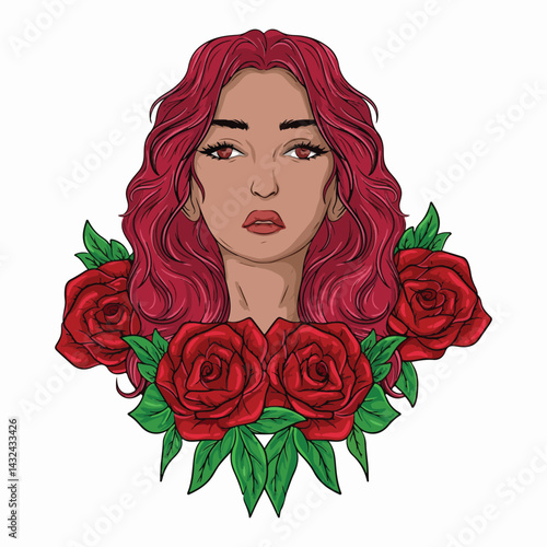 illustration art hand drawn exothic girl with red wayv hair and rosses tatoo and t-shirt design