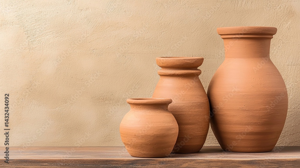 Three rustic clay pots of varying sizes sit on a wooden surface against a textured beige background, showcasing simplicity and earthy elegance. Three rustic clay pots of varying sizes sit on a wooden surface against a textured beige background, showcasing simplicity and earthy elegance.