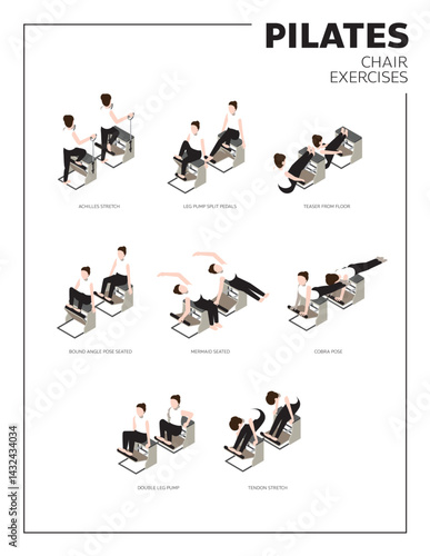 Pilates Chair Exercise Poses Isometric Set Vector