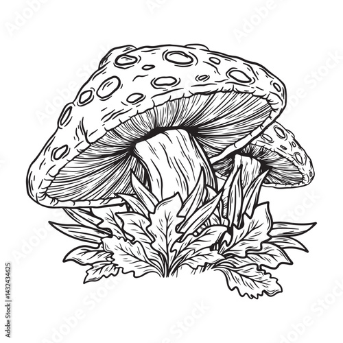 illustration art hand drawn black and white wild mushroom and leaf tatoo and t-shirt design