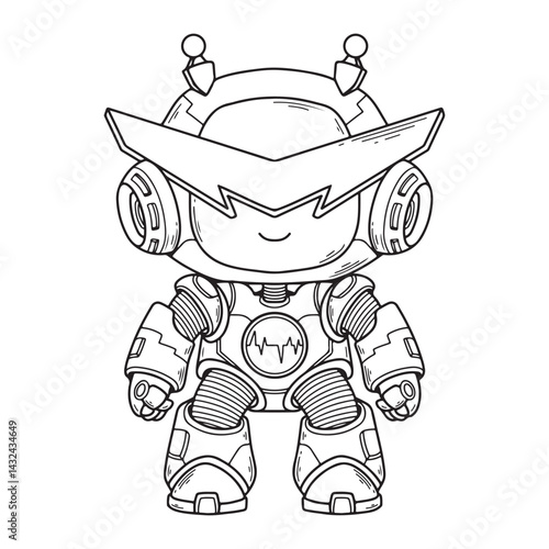 illustration art mini robot line art black and white character sticker and t-shirt design