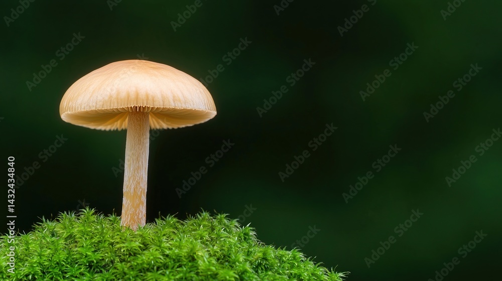 Fototapeta premium A delicate mushroom stands atop a lush green moss, creating a serene and natural scene against a blurred dark background.