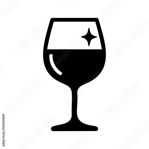 Minimalist icon of a wine glass with sparkle, representing red wine, fine dining, celebration, bar drinks, or luxury events.
