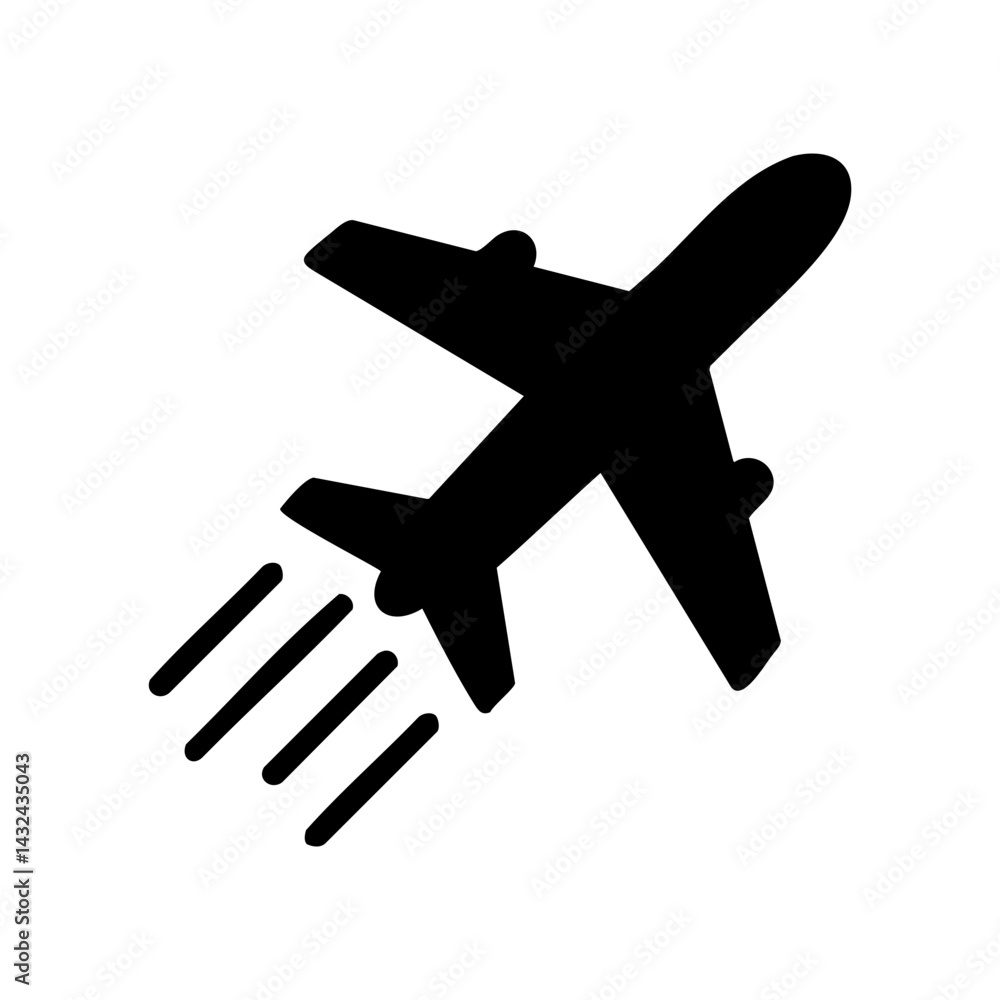Obraz premium Silhouette icon of an airplane ascending with speed lines, representing air freight, travel, global shipping, and express transportation services.