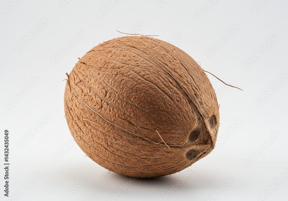 A single coconut with a brown husk is displayed against a plain white background in a studio setting A single coconut with a brown husk is displayed against a plain white background in a studio setting