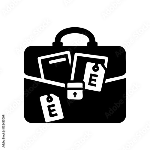 Silhouette icon of a locked briefcase containing folders and tagged documents, symbolizing confidential files, secret investigation, or intelligence materials.