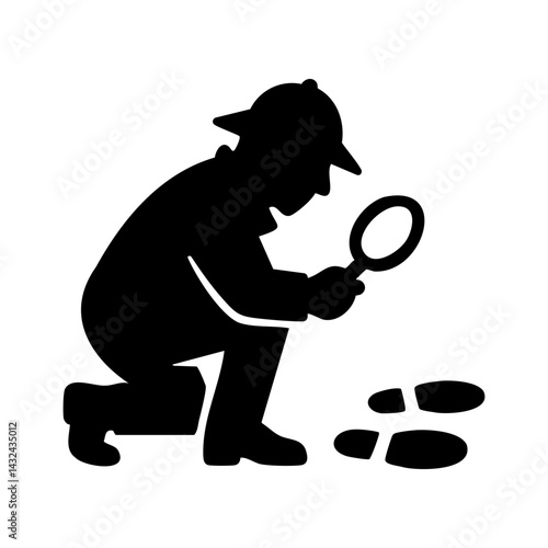 Silhouette icon of a detective kneeling with magnifying glass inspecting footprints, symbolizing crime scene investigation, tracking clues, and mystery solving.