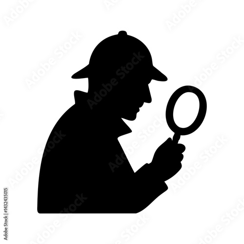 Black silhouette icon of a detective figure holding a magnifying glass, symbolizing investigation, mystery solving, search concept, and private detective work.