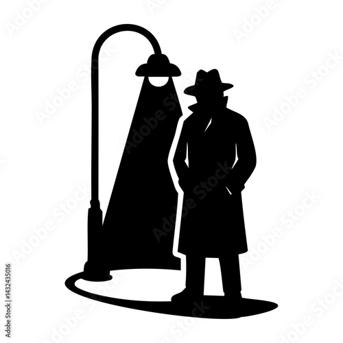 Dark silhouette icon of a detective in trench coat and fedora standing under a streetlamp, symbolizing mystery, surveillance, and noir crime investigation.