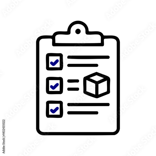 Line art icon of a clipboard with checkboxes and package symbol, representing inventory management, delivery checklist, shipping process, and stock control.