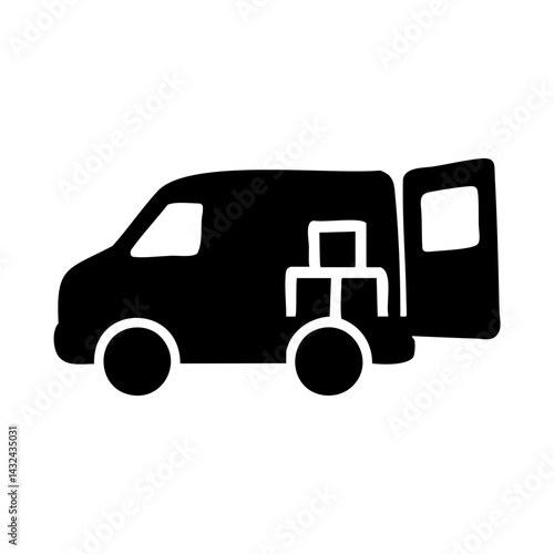 Silhouette icon of a delivery van with rear door open and boxes inside, representing parcel transport, shipping logistics, and last mile delivery.