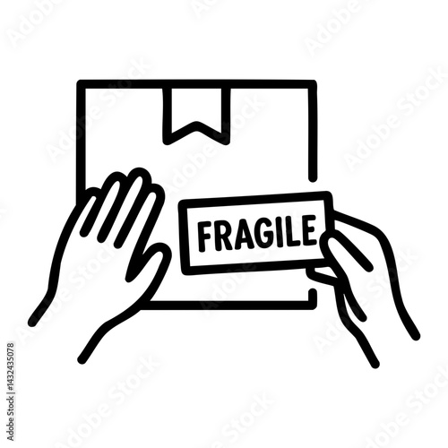 Line art icon showing hands applying a fragile sticker to a parcel box, symbolizing careful packaging, shipping safety, and product protection.