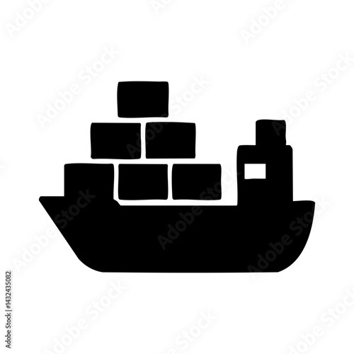 Silhouette icon of a cargo ship carrying stacked containers, representing international freight, maritime logistics, and global shipping industry.