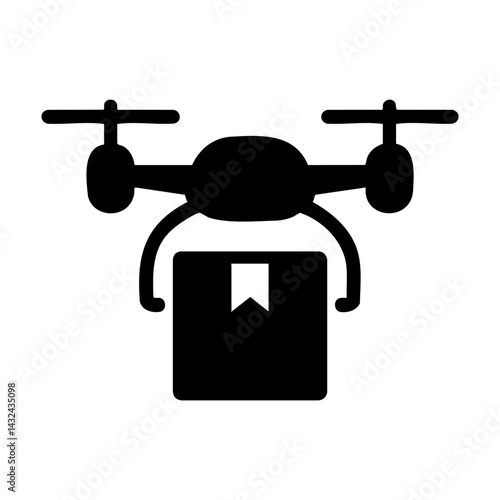 Silhouette icon of a delivery drone carrying a package box, symbolizing modern logistics, express shipping, and future transport technology.