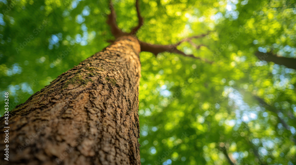 Fototapeta premium tall tree with textured bark stretches upward, surrounded by vibrant green leaves that create lush canopy. sunlight filters through, casting serene atmosphere