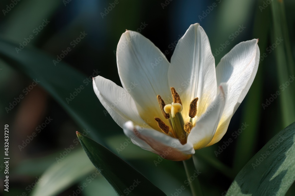 Fototapeta premium Elegant White Tulip Blooming Gracefully Amidst Verdant Foliage in Spring Time Garden Setting