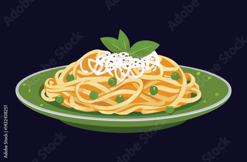 Spaghetti with Tomato Sauce and Peas - Vector Illustration