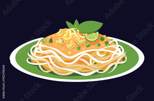 Pad Thai Noodle on Plate - Vector Illustration