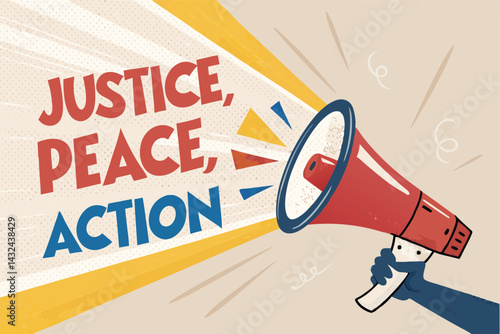 Vibrant vector illustration of a megaphone broadcasting colorful, flying words.  Design features a bold megaphone and dynamic word bursts.