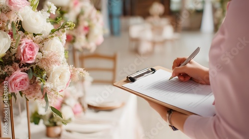 An event planner reviews a checklist at a decorated event venue surrounded by floral arrangements, ensuring every detail is perfect for the occasion.