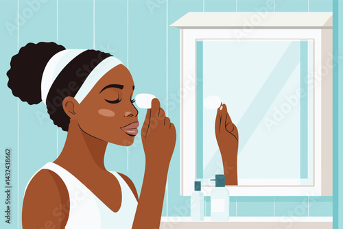 African woman applying facial toner with cotton pad in front of mirror, calm morning routine vector illustration