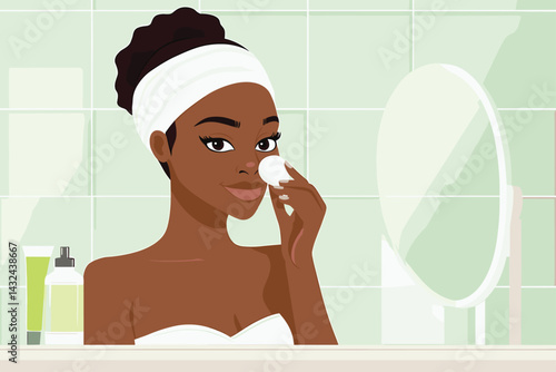 African woman applying facial toner with cotton pad in front of mirror, calm morning routine vector illustration