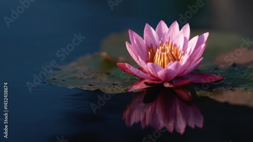 Serene Pink Water Lily Blossom Displayed on a Pond with Reflection