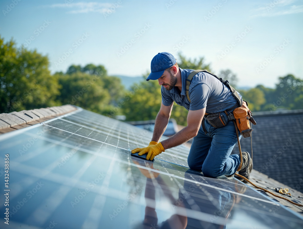 The image shows a man wearing a blue cap, gray shirt, and blue jeans, kneeling on a roof while installing or repairing solar panels
