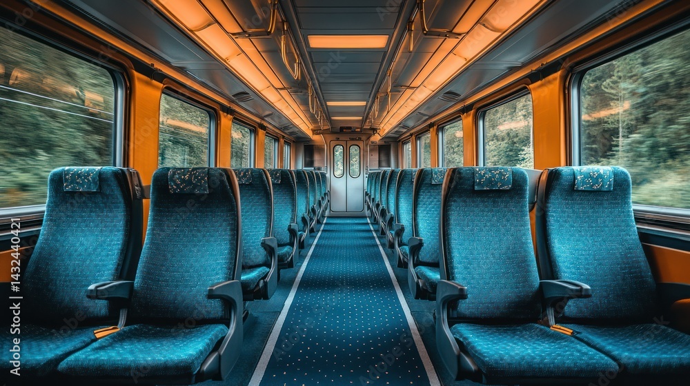 Obraz premium Empty train car interior, countryside view, seated passenger, travel