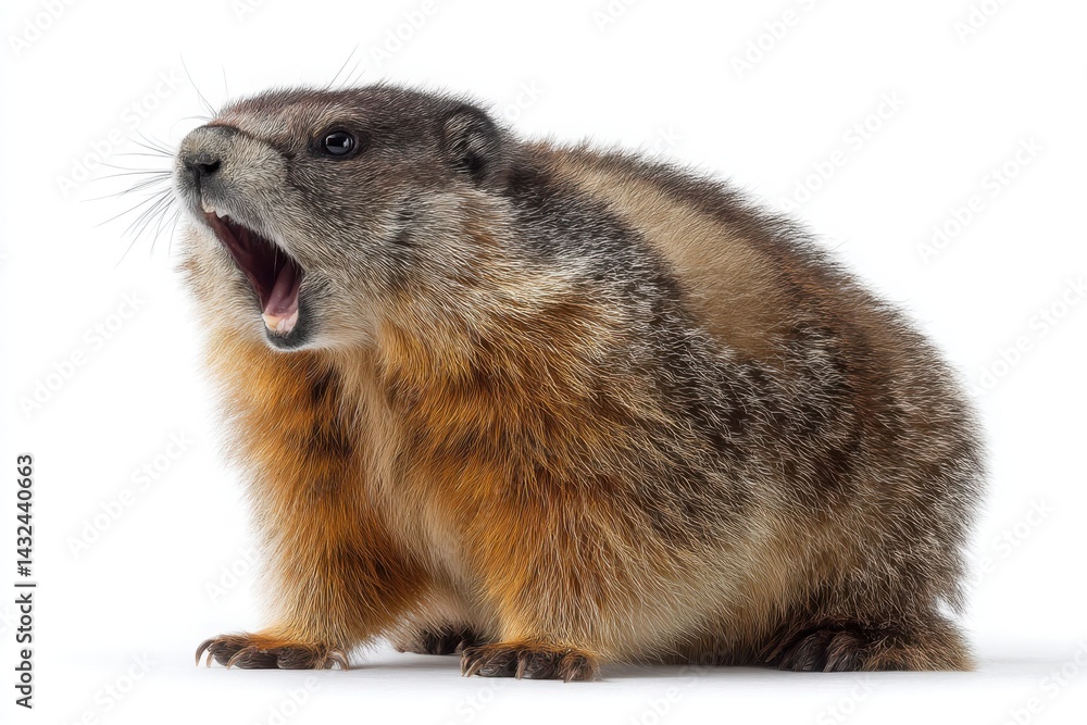 Fototapeta premium A Giant Fat Marmot Standing Yawning on White Background, Close-Up Photography
