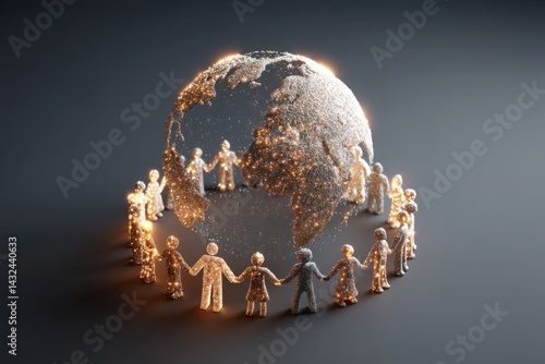 Global Unity: Sparkling People Circle Earth - 3D Render on Dark Gray Background