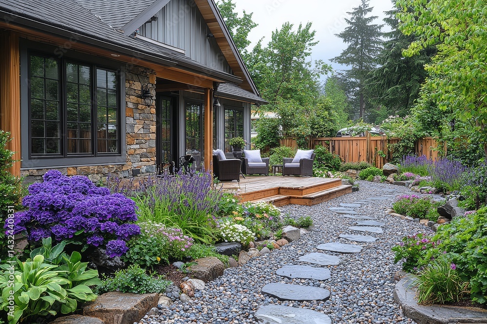 Naklejka premium Small home side gate with stone and wood, patio area with chairs and plants, farmhouse house in the background. After rain, garden theme with pebble walkway.