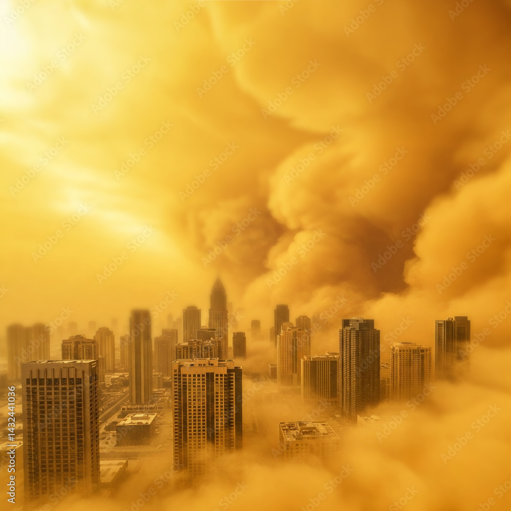 Obraz premium 마천루 높은 빌딩의 도시와 황사 미세먼지가 가득한 도시 배경