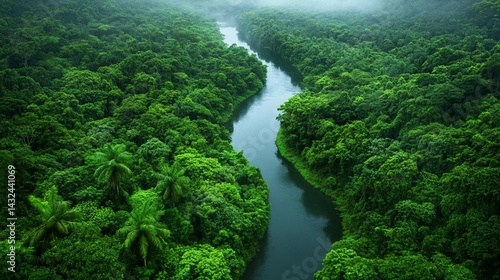 Serene waterfall cascading through lush greenery soft focus nature photography