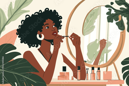 African woman applying makeup in front of mirror with cosmetic bottles on desk, beauty blogger scene vector illustration