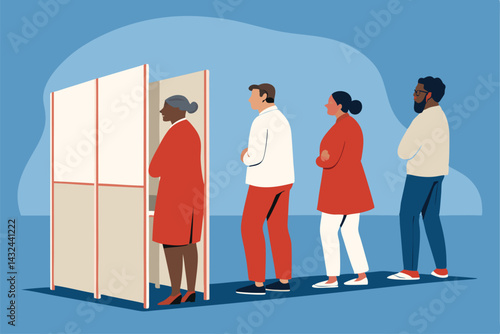 Illustrate a diverse line of people patiently waiting to vote in a modern voting booth.  Show expressions of hope, determination, and civic duty.