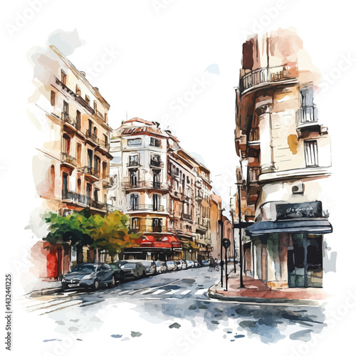 Tranquil Street Corner In A Busy City, watercolor vector, isolated on a white background.